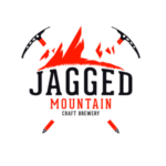 The logo for Jagged Mountain Craft Brewery, text under mountains with crossed climbing axes.