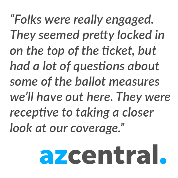 “Folks were really engaged,” said the news team in Phoenix, AZ. “They seemed pretty locked in on the top of the ticket, but had a lot of questions about some of the ballot measures we’ll have out here. They were receptive to taking a closer look at our coverage.”